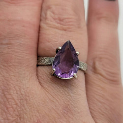 Pear Shaped Amethyst Sterling Silver US Size 8 Solitaire Ring