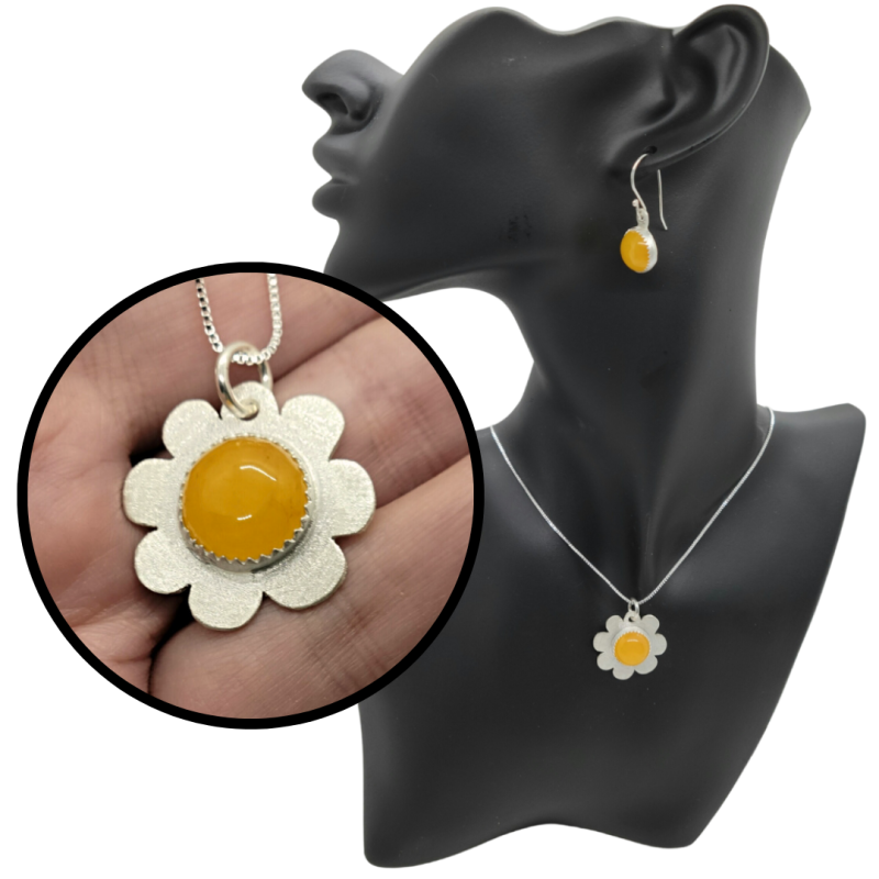 Sterling Silver Yellow Agate Flower Necklace & Earrings Set