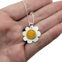 Sterling Silver Yellow Agate Flower Necklace & Earrings Set