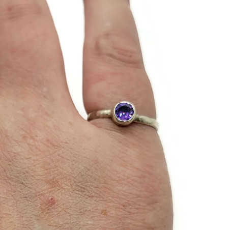 Sterling Silver Bezel Set Lab Created Amethyst Ring US Size 7