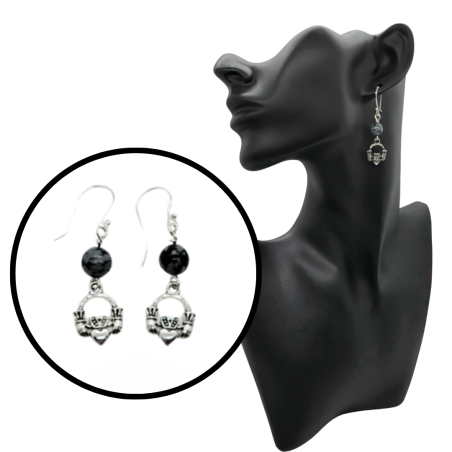 Snowflake Obsidian Claddagh Dangle Earrings