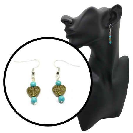 Genuine Turquoise and Brass Heart Dangle Earrings