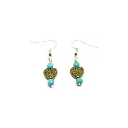 Genuine Turquoise and Brass Heart Dangle Earrings