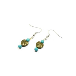 Genuine Turquoise and Brass Heart Dangle Earrings