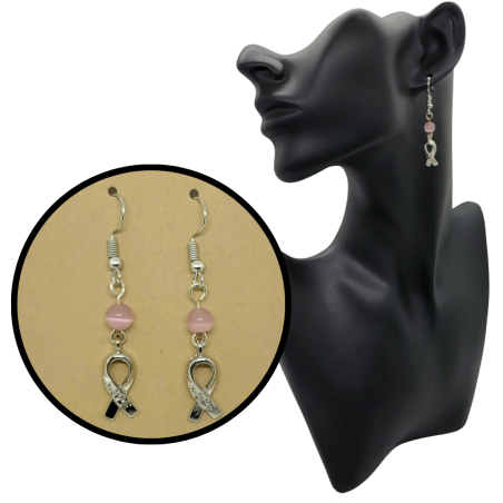 Cat's Eye Pink Ribbon Breast Cancer Awareness Earrings