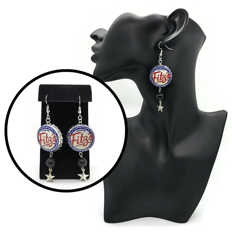 Retro Fitz's Bottle Cap Black Agate Dangle Earrings