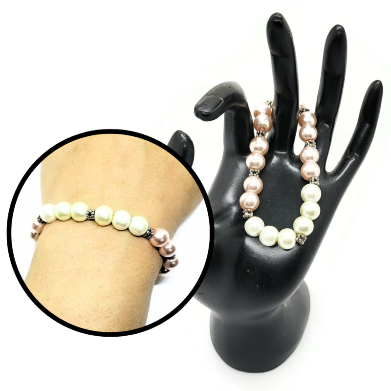 White & Pink Crystal Pearl Stretch Bracelet