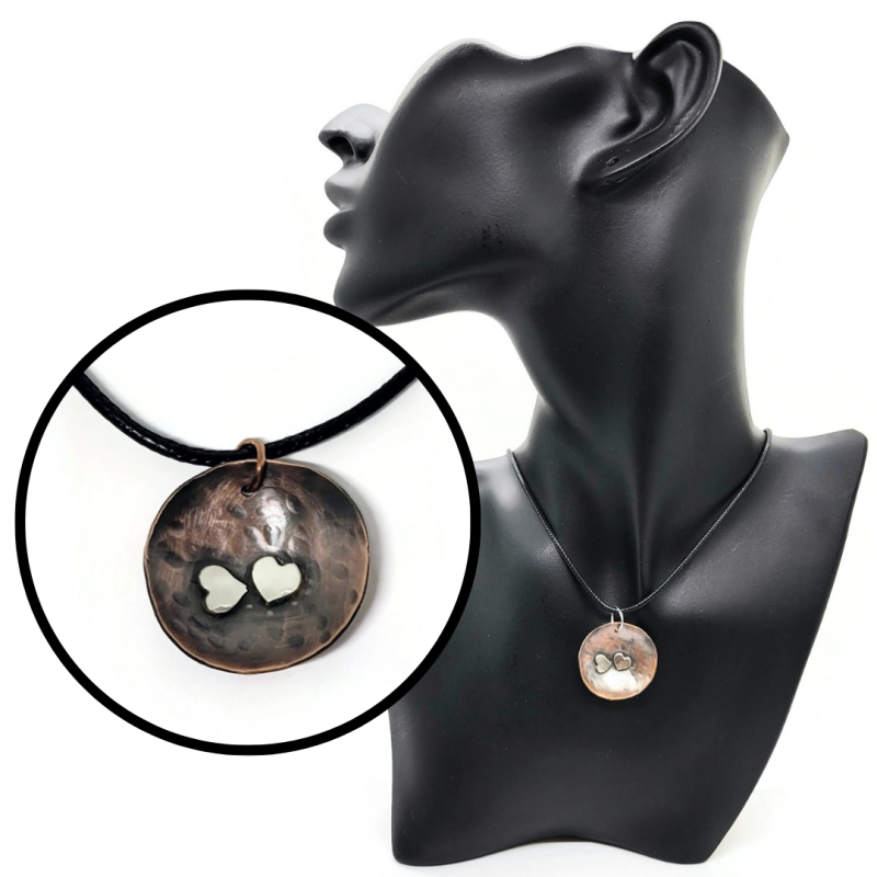 Domed Copper Pendant with Sterling Silver Hearts