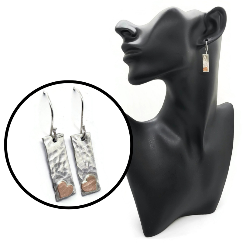 Sterling Silver Hammered Dangle Earrings with Copper Hearts