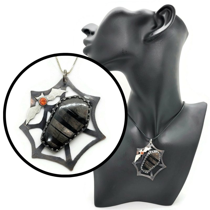 Hypersthene Coffin Spiderweb Pendant with Sterling Silver Bat