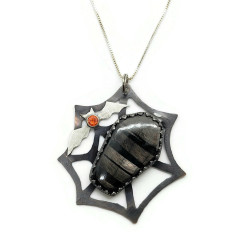 Hypersthene Coffin Spiderweb Pendant with Sterling Silver Bat