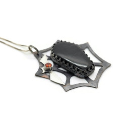 Hypersthene Coffin Spiderweb Pendant with Sterling Silver Bat