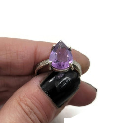 Pear Shaped Amethyst Sterling Silver US Size 8 Solitaire Ring