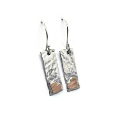 Sterling Silver Hammered Dangle Earrings with Copper Hearts