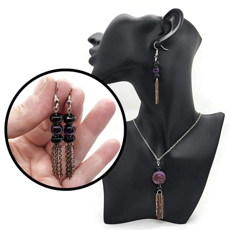 Black Agate and Amethyst Tassel Earrings