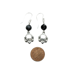 Snowflake Obsidian Claddagh Dangle Earrings