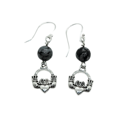 Snowflake Obsidian Claddagh Dangle Earrings