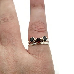 Black Spinel & Garnet Sterling Silver Ring Set US Size 7